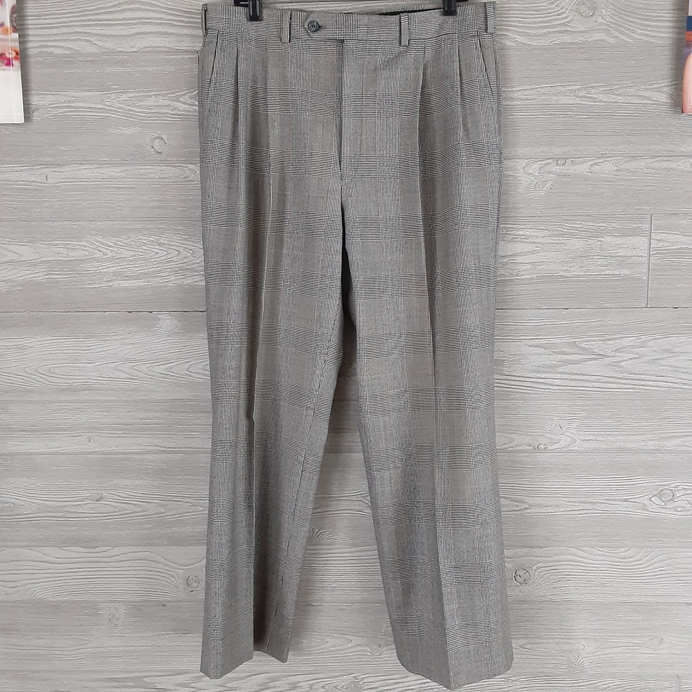 Burberrys Vintage Gray Glen Plaid Wool Blend Pleated Trousers Mens 35x28